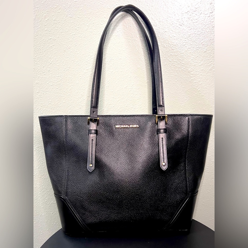 Michael Kors Quinn Black Genuine Pebbled Leather Tote Bag Purse Satchel Classic - Picture 2 of 15